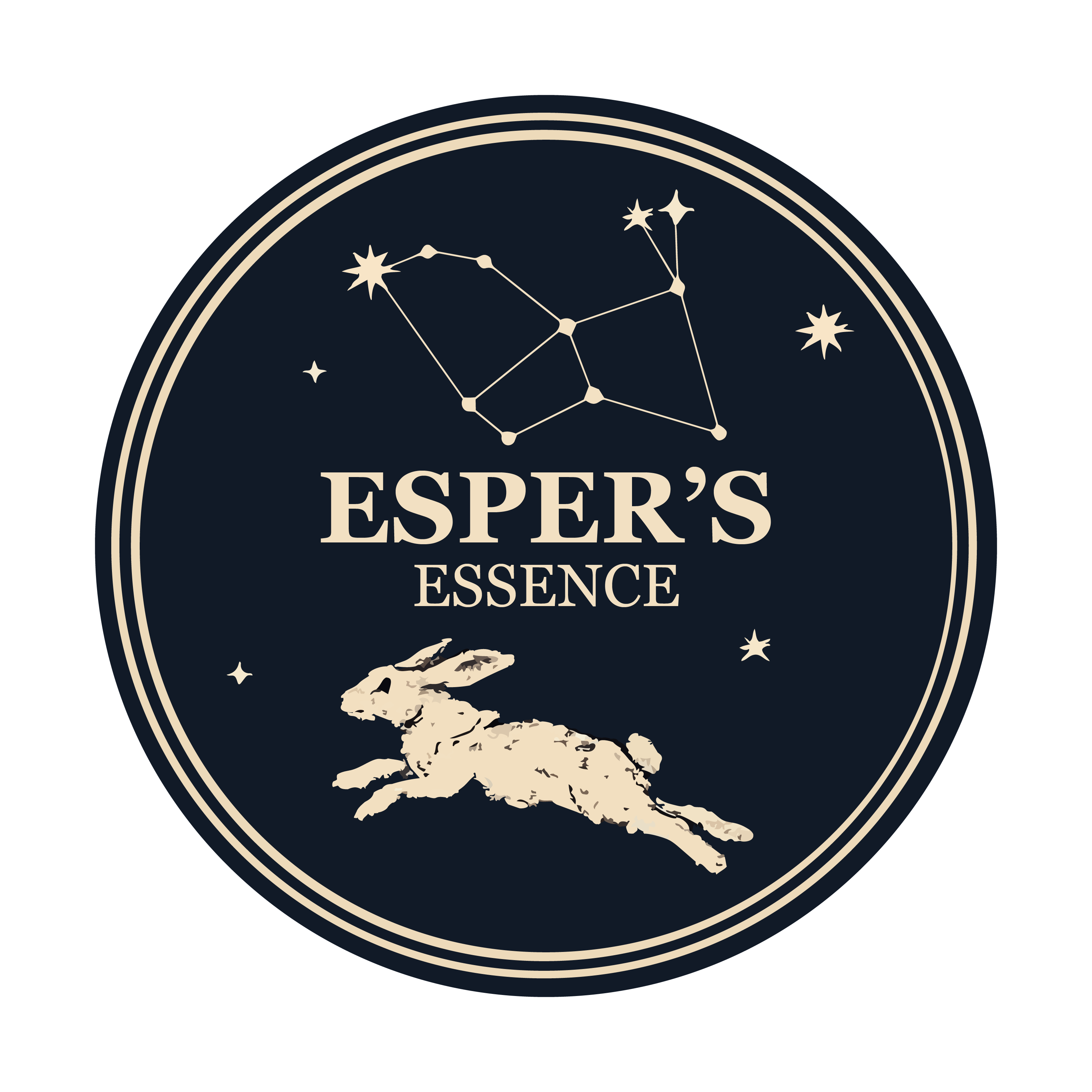 Esper's Essence - Handmade soap brand logo featuring a leaping rabbit, constellation, and stars on a navy background